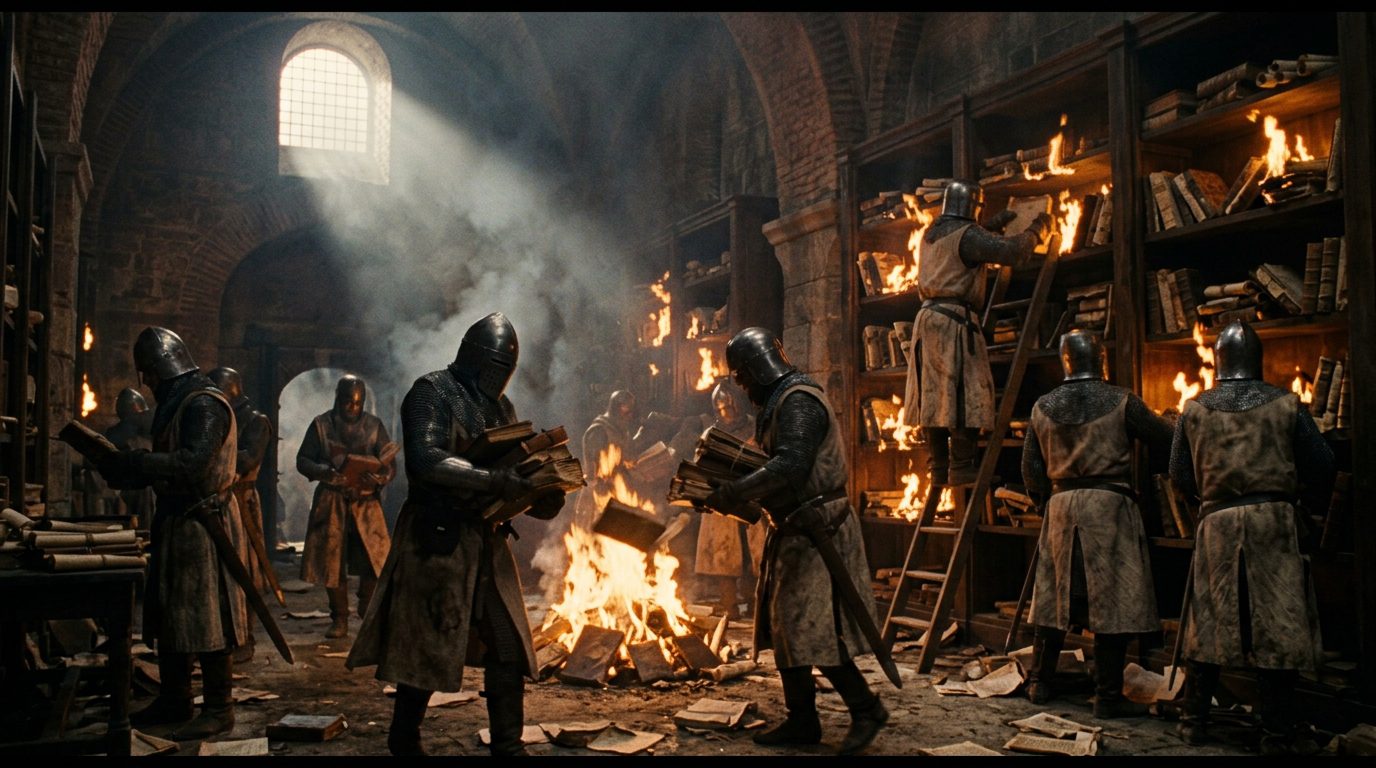 Imperial Library of Constantinople: 120,000 Manuscripts Burned in 1204 - Historical illustration
