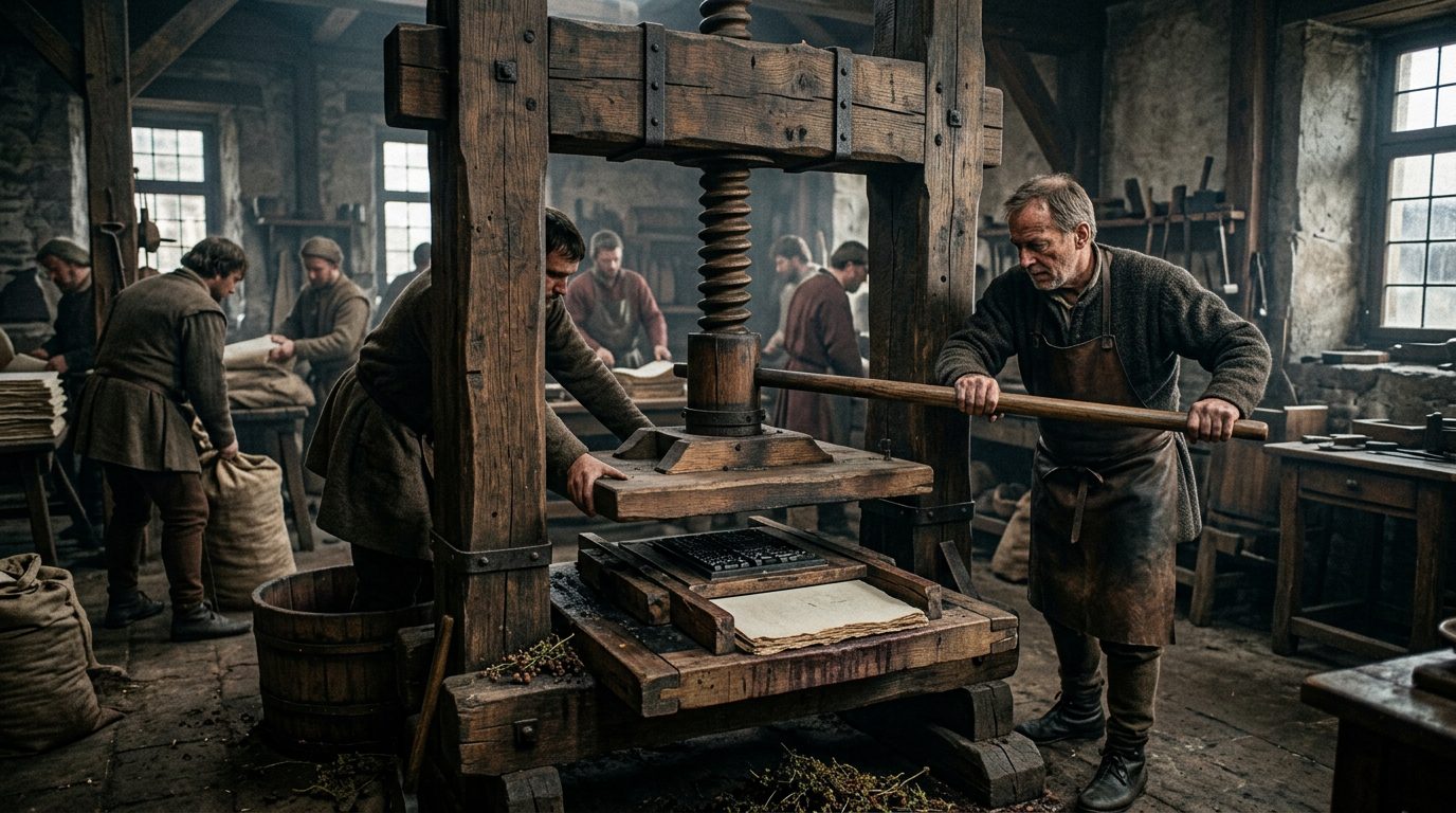 Wine Press Technology Provided the Critical Pressure - Historical illustration