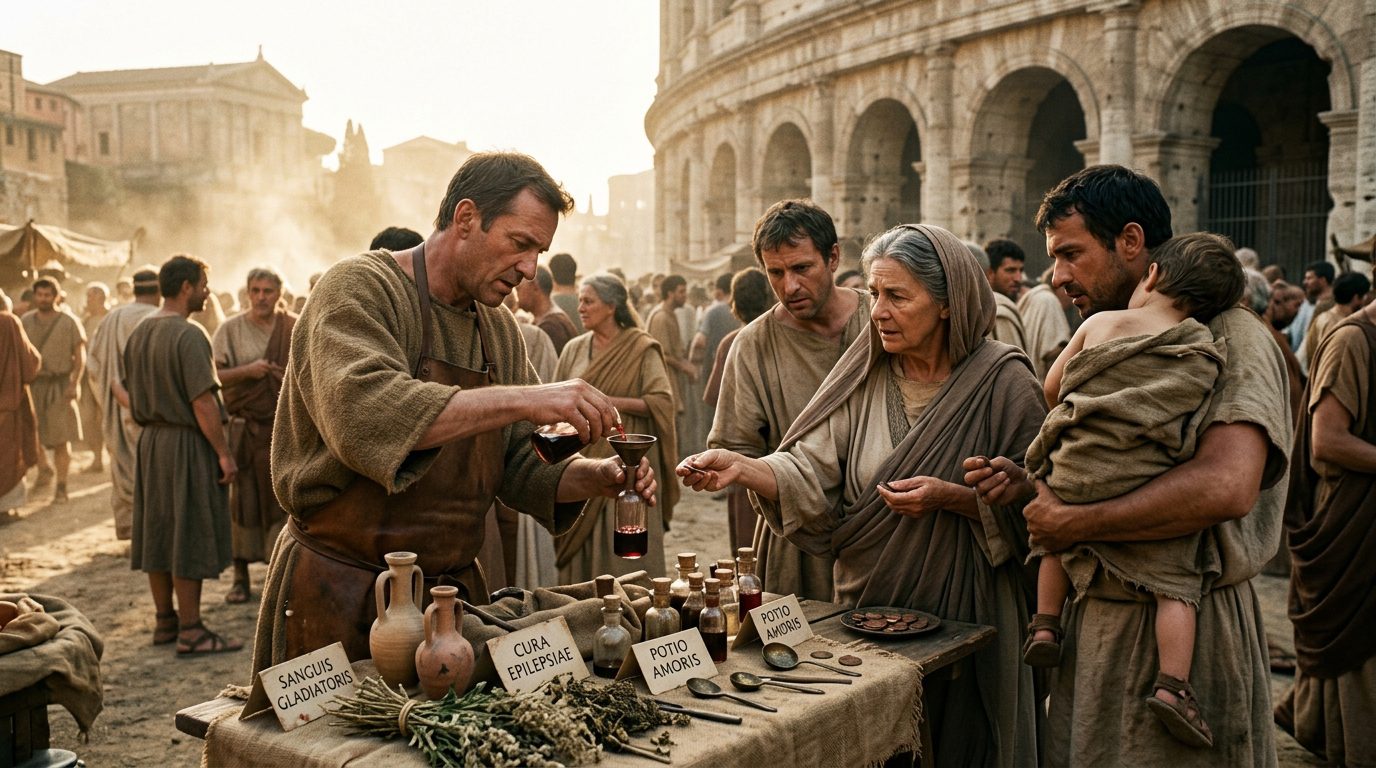 Gladiator Blood Sold as Miracle Medicine and Love Potion - Historical illustration