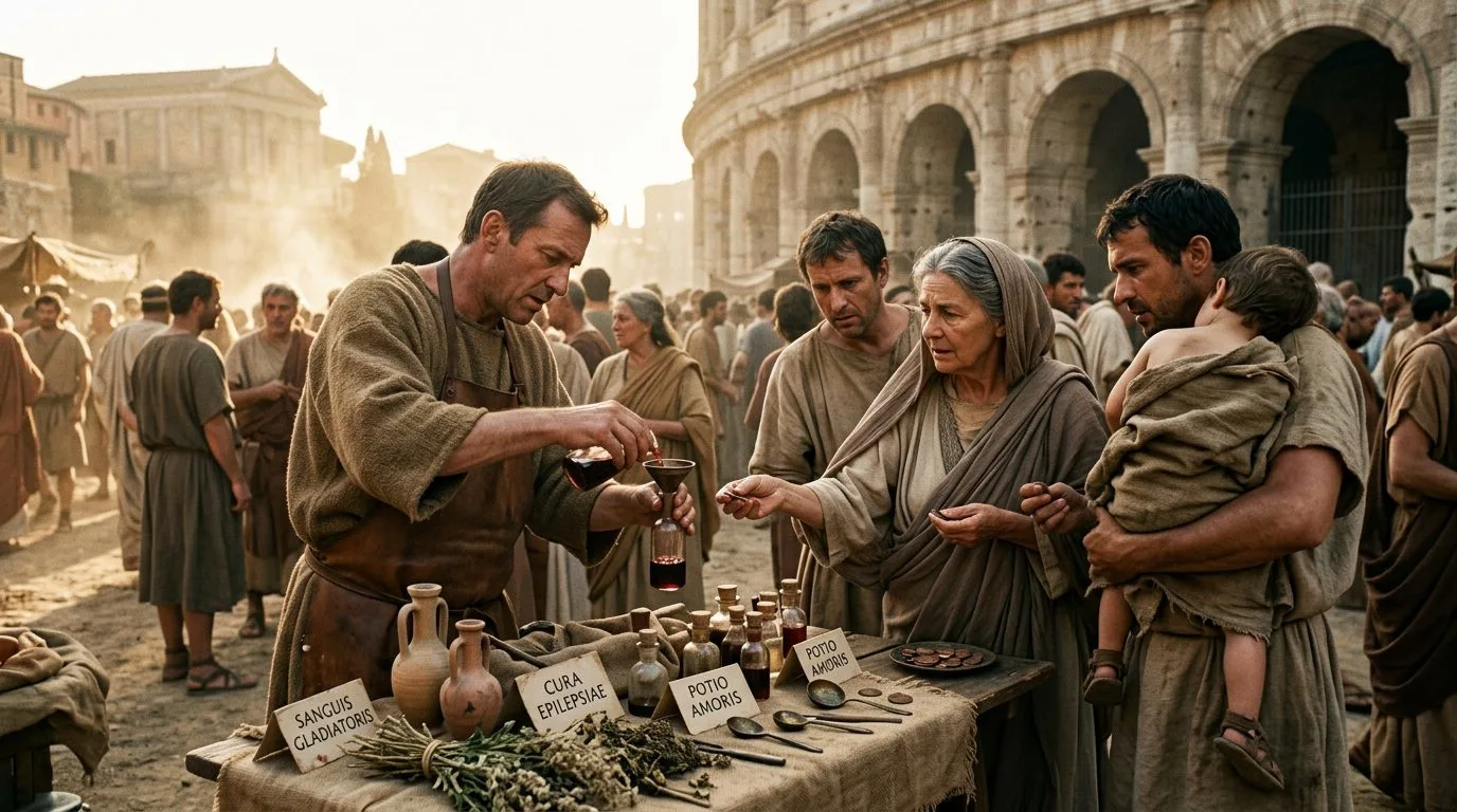 Gladiator Blood Sold as Miracle Medicine and Love Potion - Historical illustration