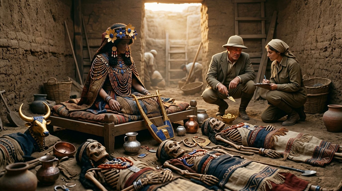 Puabi - Sumerian Queen Buried with Extraordinary Treasures - Historical illustration