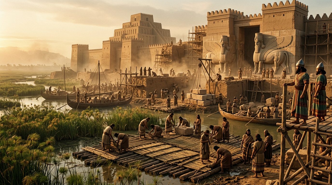 Assyrian Palaces Rose on Marshland Through Unknown Stabilization - Historical illustration