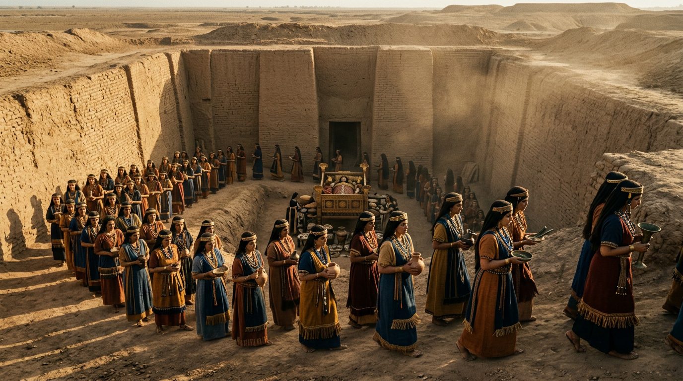 Queen Puabi Was Buried With 74 Attendants in Ur’s Royal Cemetery - Historical illustration