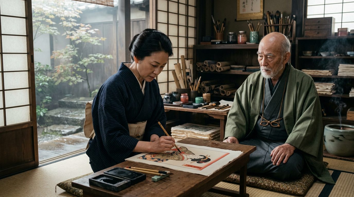 Katsushika Ōi Completed Her Father Hokusai’s Commissions When He Went Blind - Historical illustration