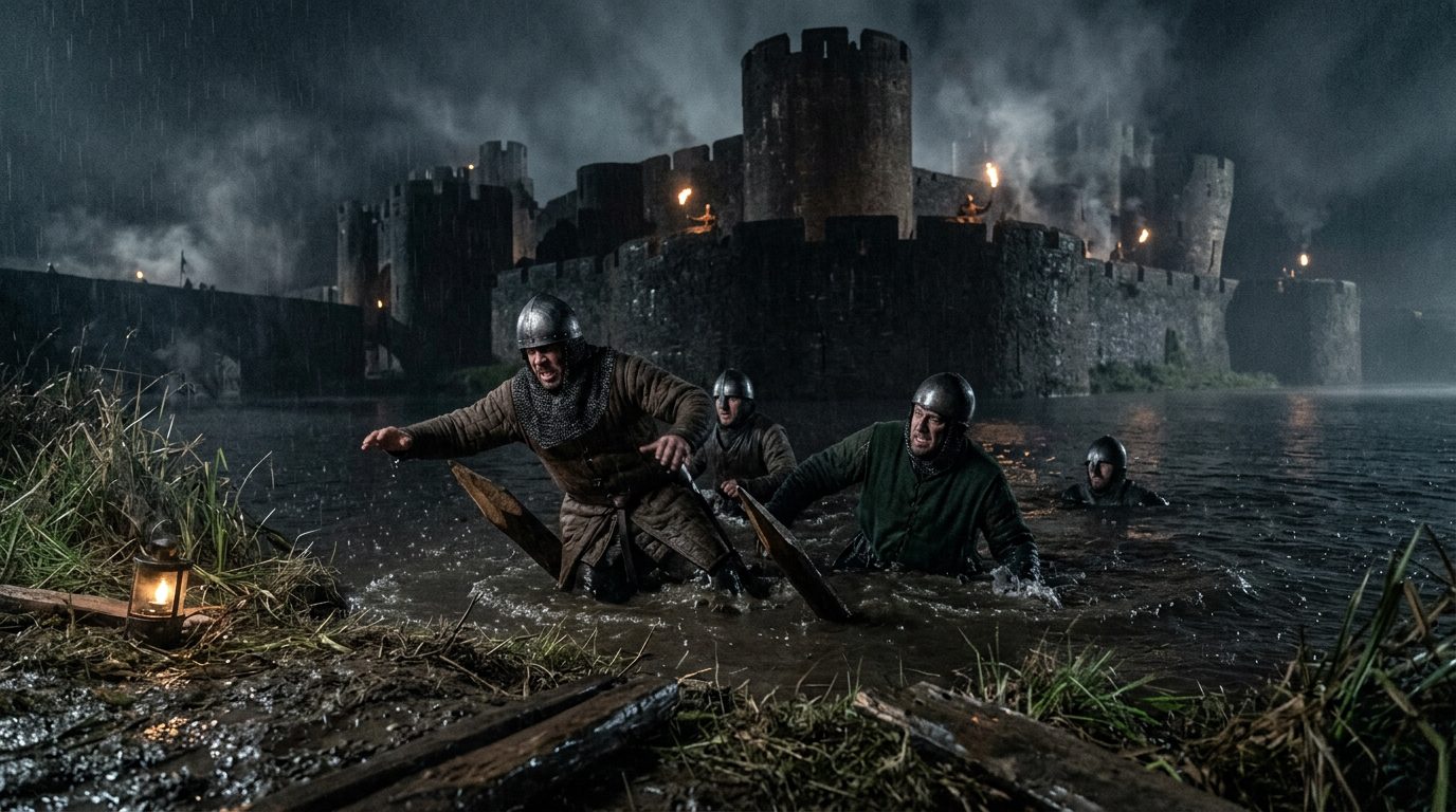 Hidden Moat Stakes Drowned Attackers in Darkness - Historical illustration