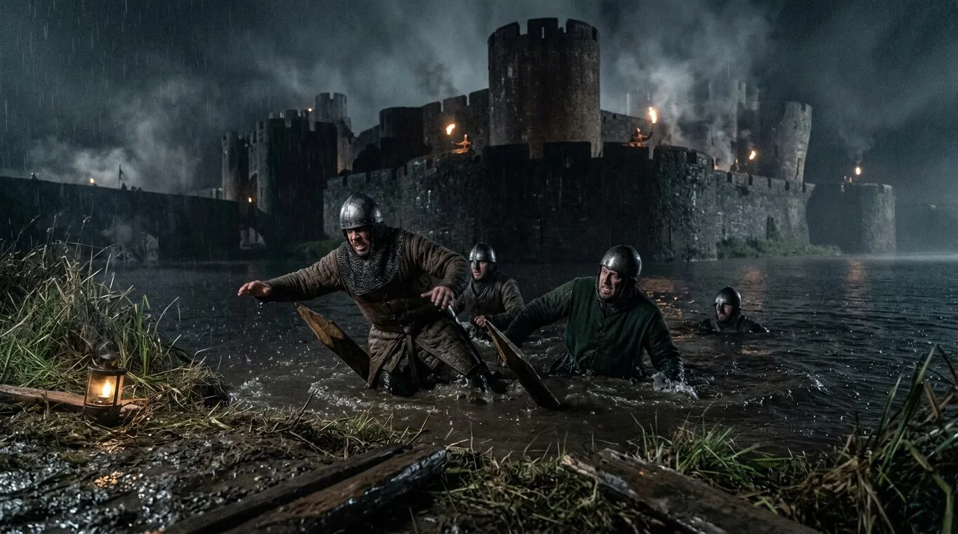 Hidden Moat Stakes Drowned Attackers in Darkness - Historical illustration