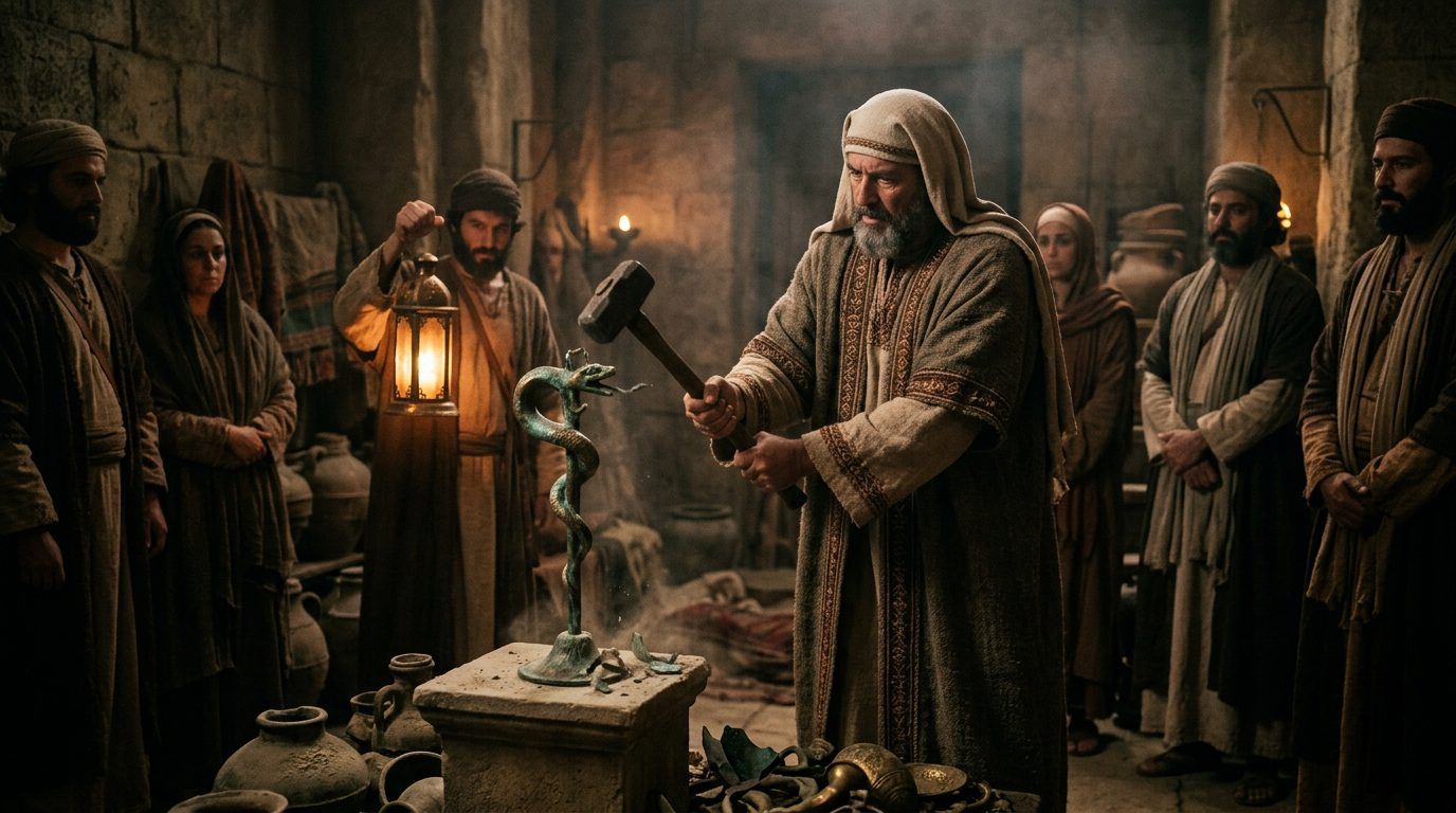 King Hezekiah Destroyed the Bronze Serpent of Moses - Historical illustration