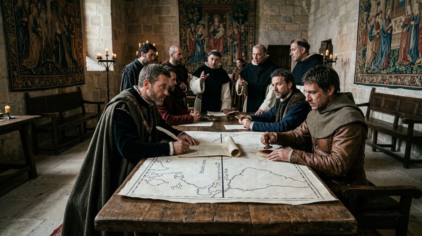 Treaty of Tordesillas: Two Nations Divide an Unknown World on Paper - Historical illustration