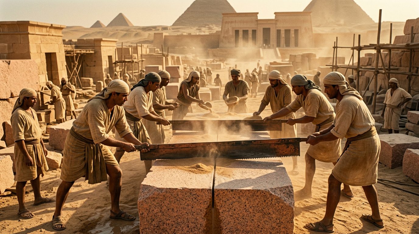 Copper Tools Somehow Cut Through Granite - Historical illustration
