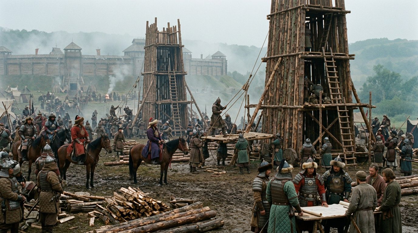 Rapid Timber Siege Towers Rose Overnight - Historical illustration