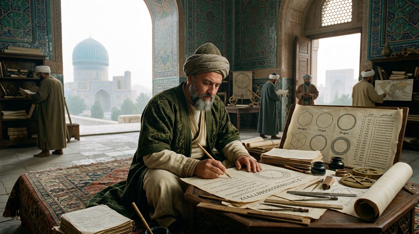 Jamshid al-Kashi Calculated Pi to 16 Decimal Places Using Only Pen and Paper - Historical illustration