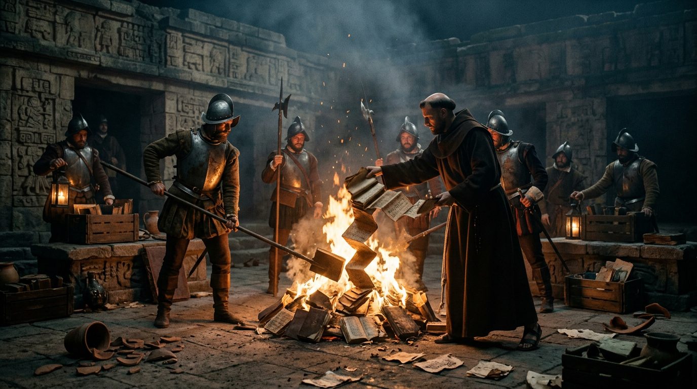 Conquistadors Burned Aztec Books to Erase a Calendar - Historical illustration