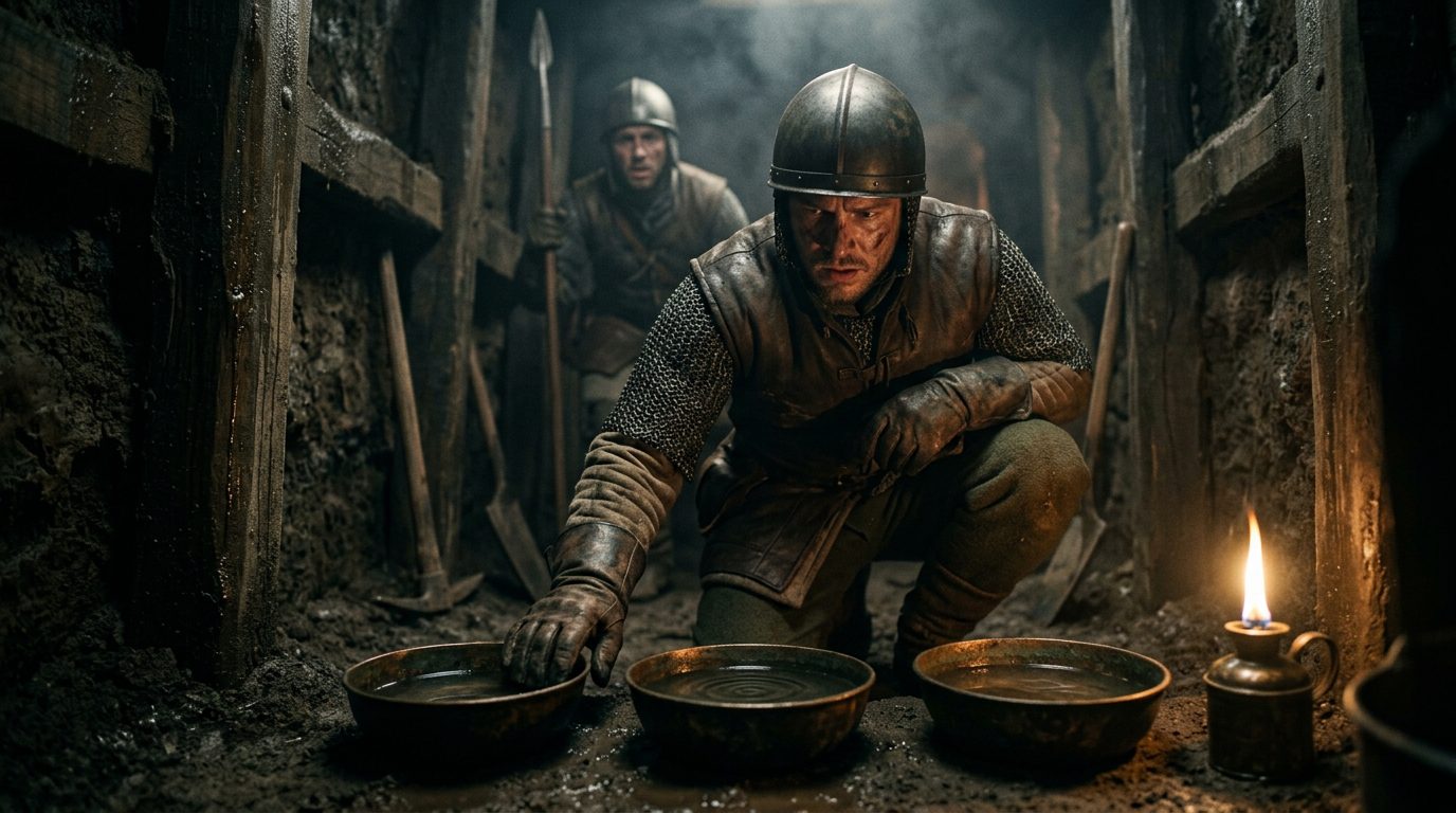 Counter-Mining Detected Underground Sappers With Water Bowls - Historical illustration